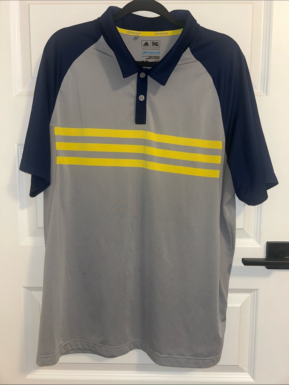 adidas Men’s Grey Polo with Navy Sleeves and Yellow Chest Stripes